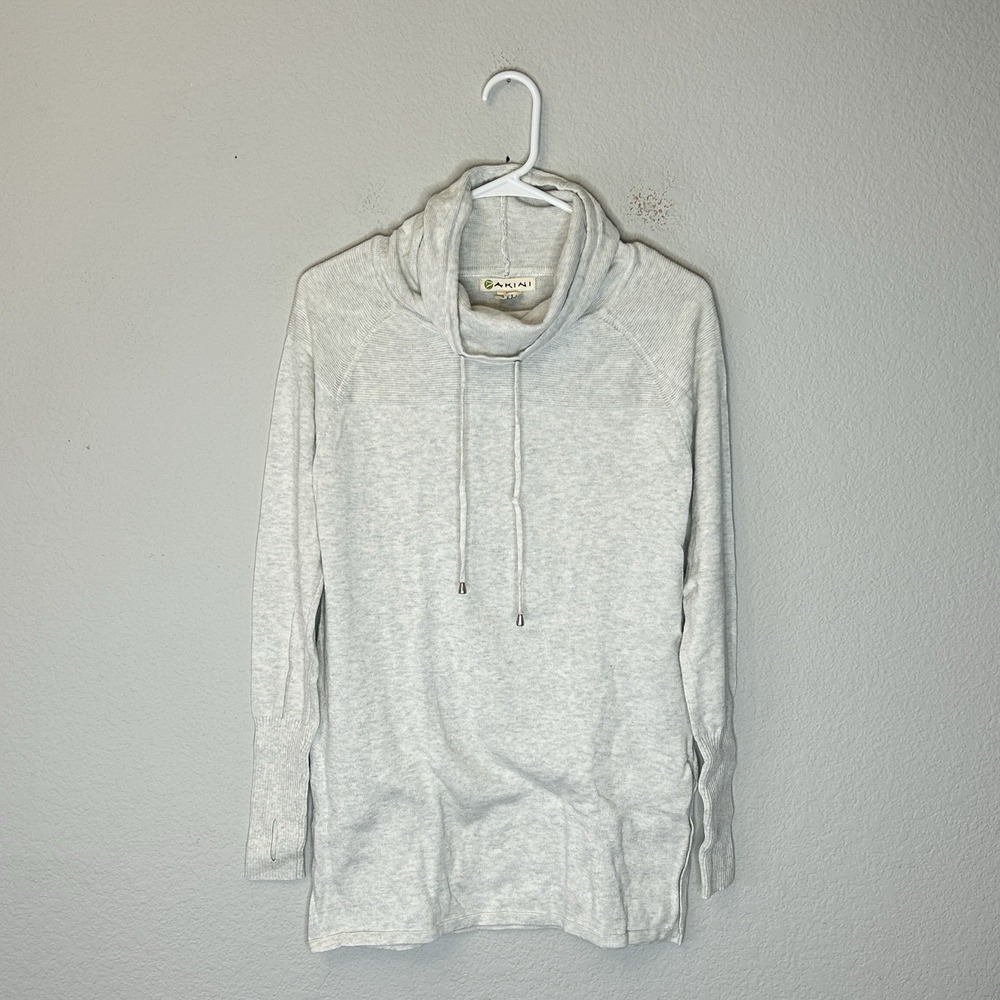 Akini Gray Cowl Neck Drawstring Pullover Sweater Tunic Thumbhole Womens Size S